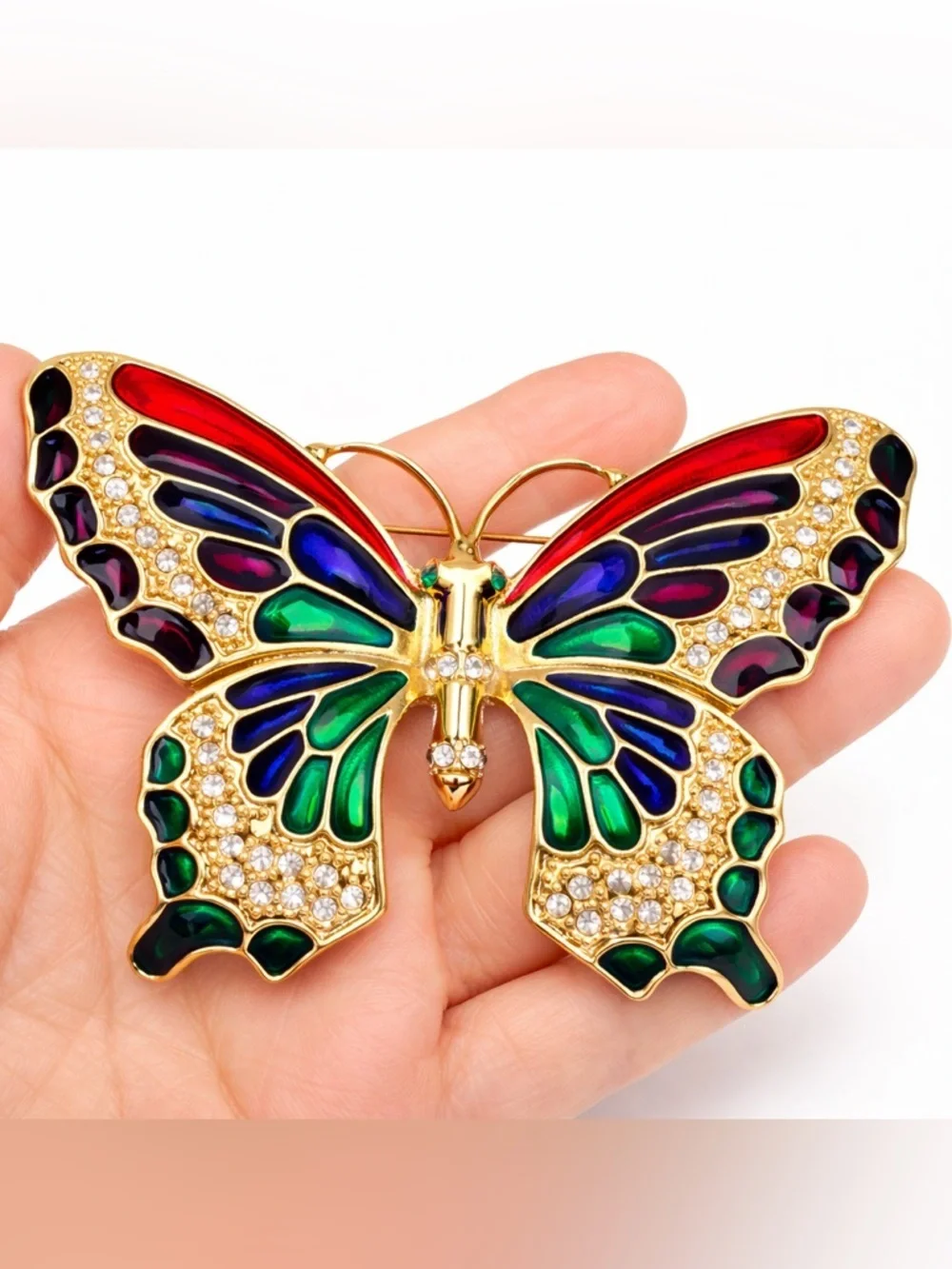 Large Gold Butterfly Brooch Multi Color Rhinestone Enamel Statement Pin